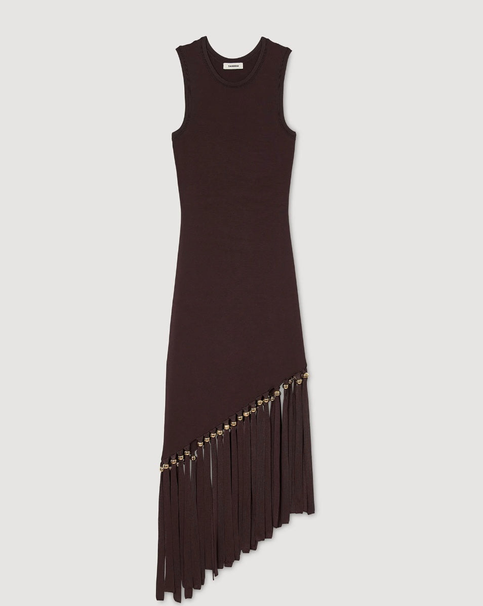 Robe longue frangée et perlée